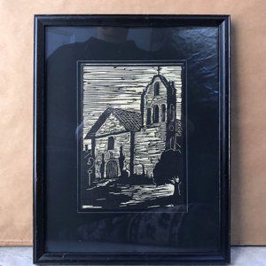 framed black and white print of Santa Inez Mission